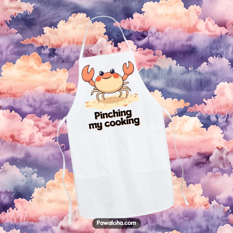 Funny crab apron featuring a cute character joyfully doing a sideways shuffle on the sand, perfect for kitchen fun.