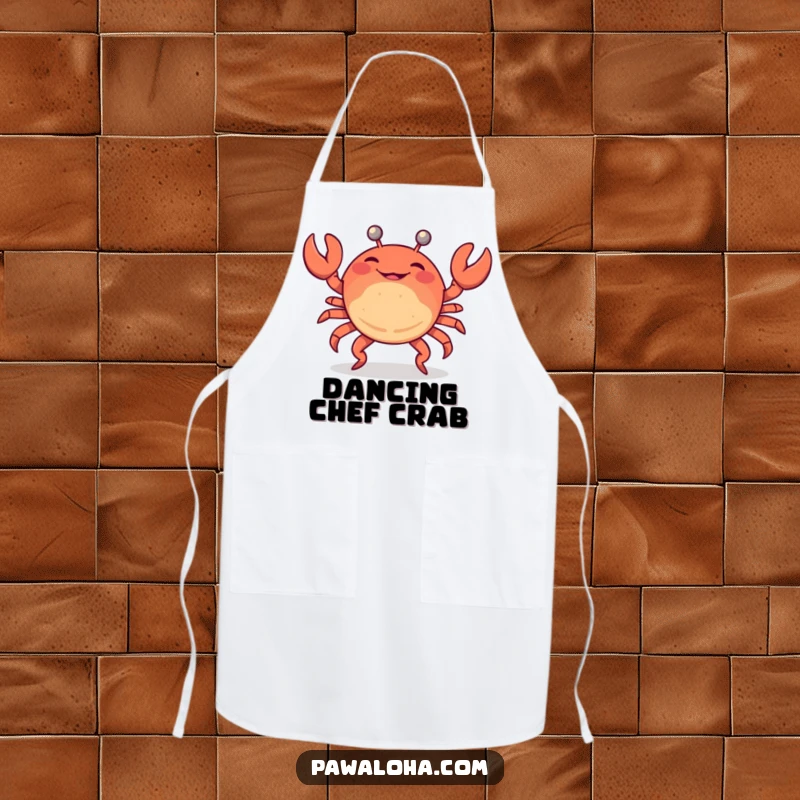 Funny apron with a crab doing a limbo dance, perfect for adding humor and beach vibes to kitchen tasks.