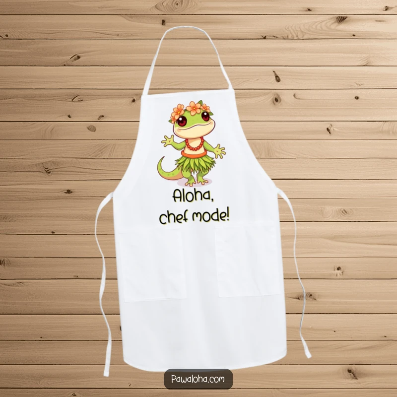 Funny Hula Gecko Apron showing a gecko in a grass skirt and flower crown, ready to bring joy to the kitchen.