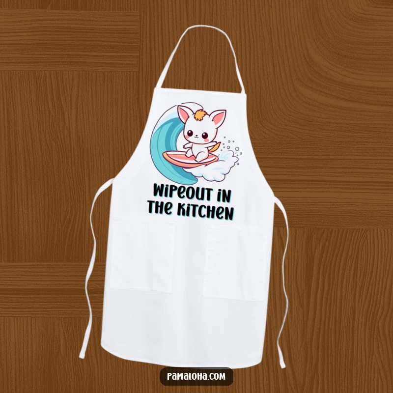 Funny Kawaii Surfer Animal Apron: Cute cartoon character surfing a surfboard on a rainbow wave, perfect for kitchen fun and protection.