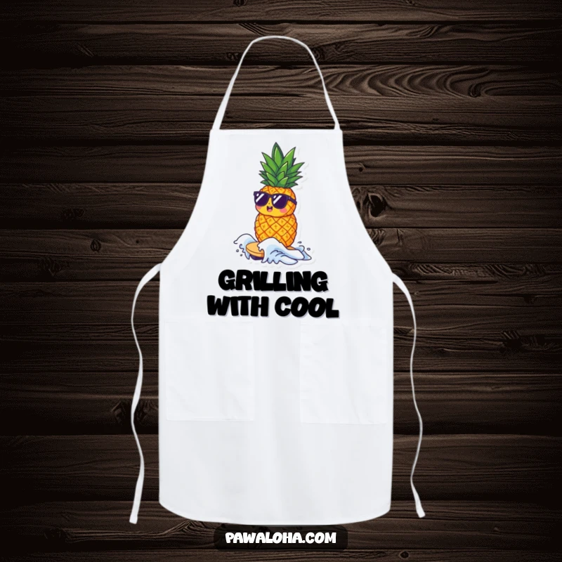 Funny apron depicting a small pineapple character wearing sunglasses, riding a tiny wave while preparing food.