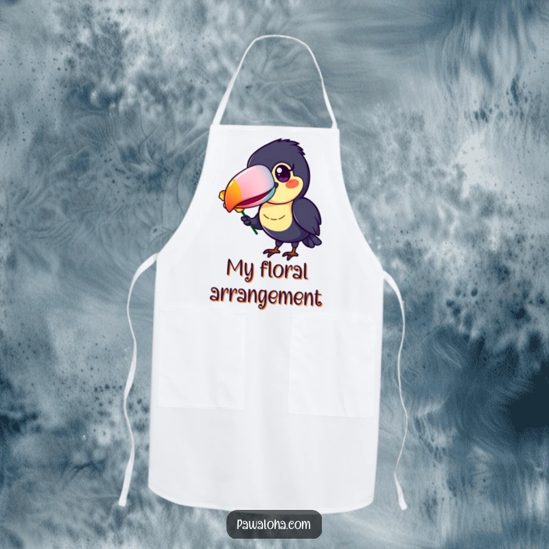 Funny Toucan Apron with a cheerful toucan, its colorful beak holding a flower petal, perfect for cooking.