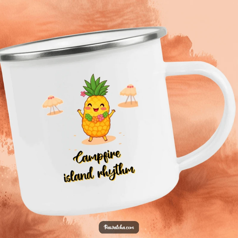Funny camping mug showing a joyful pineapple in a lei, dancing the hula on a sandy beach, perfect for enjoying drinks outdoors with cheer.