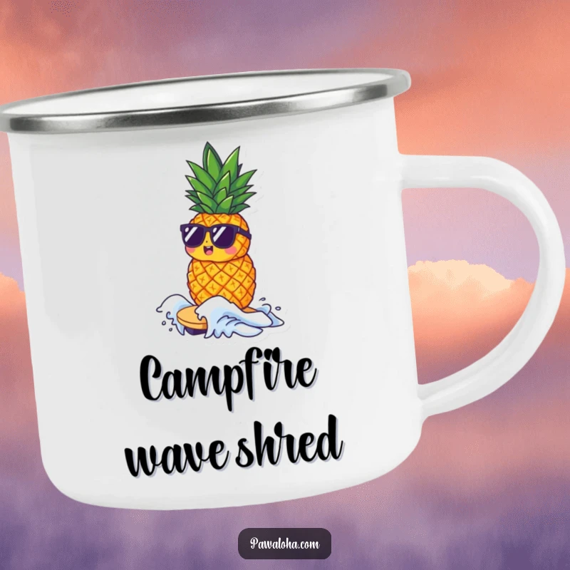 Funny camping mug featuring a small pineapple character wearing sunglasses, riding a tiny wave, designed for outdoor enjoyment.
