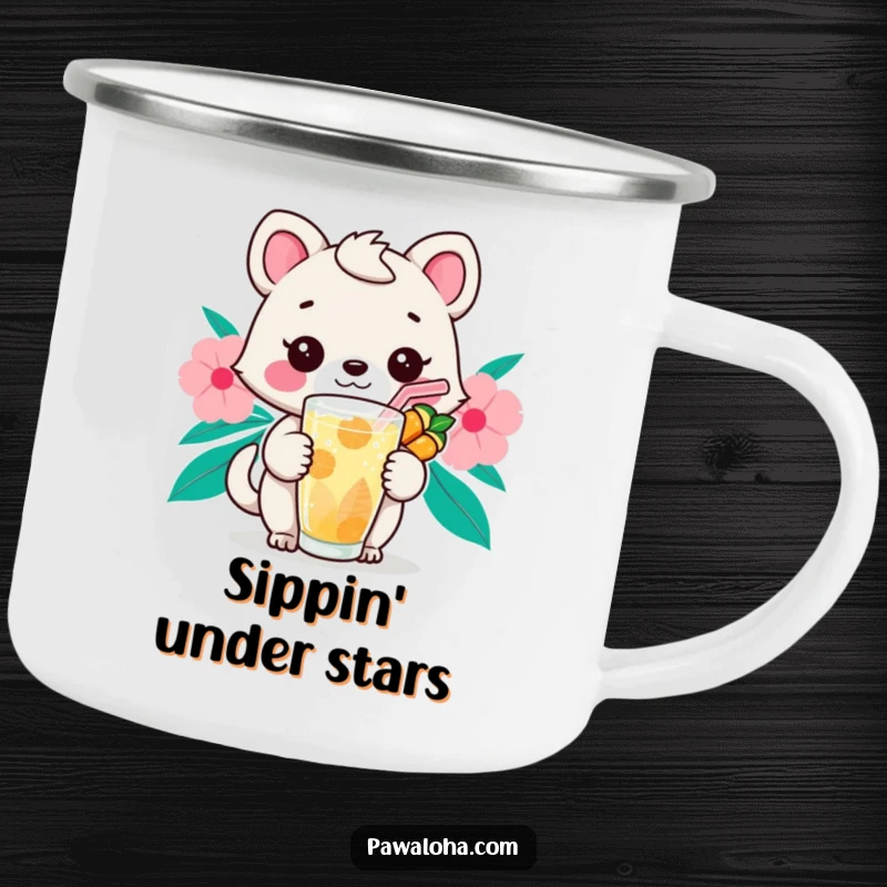 Funny Kawaii Sip Animal Camping Mug: Cute cartoon creature with a tropical drink and straw, ideal for hot or cold beverages outdoors.