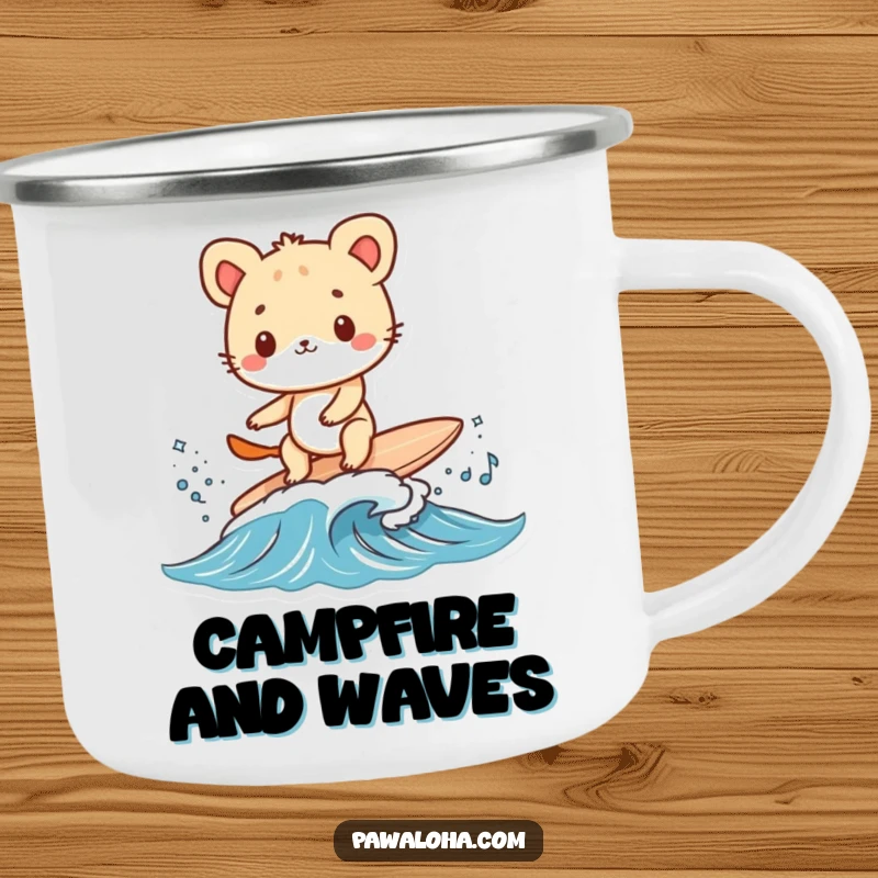 Funny animal character surfing a small wave on a tiny surfboard on a camping mug. Perfect for outdoor fun.