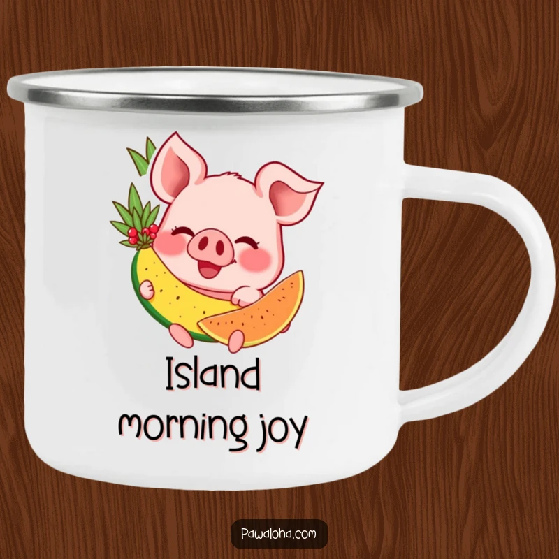 Funny camping mug with a happy pig character smiling, holding a tropical fruit, ready for an outdoor escapade.
