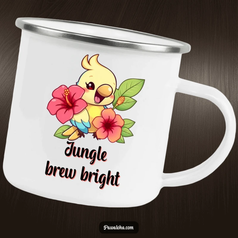 Funny camping mug featuring a happy parrot character holding a hibiscus flower, designed for outdoor enthusiasts.