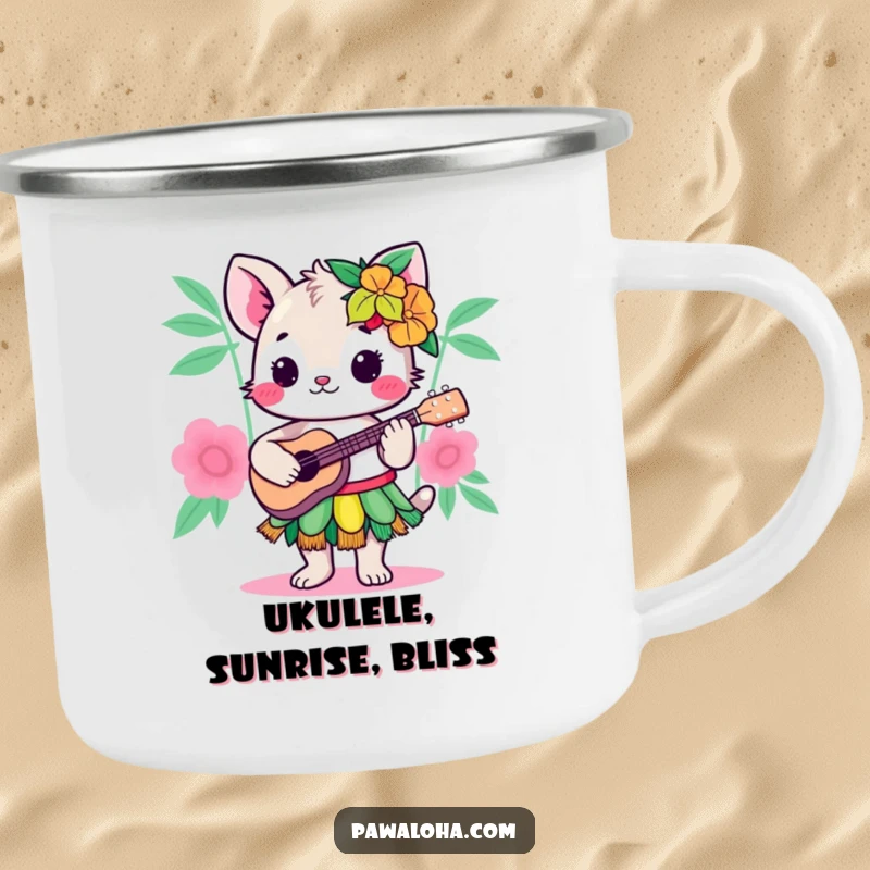 Funny Kawaii Hula Animal Camping Mug: Cartoon creature in a hula skirt, playing ukulele, perfect for hot drinks during outdoor fun.