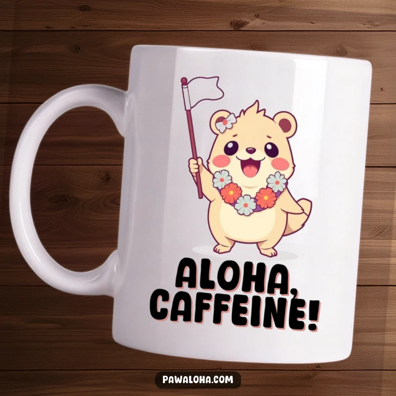 Funny mug featuring a joyful creature in a lei, enthusiastically waving a tiny flag, ready for a tropical celebration.