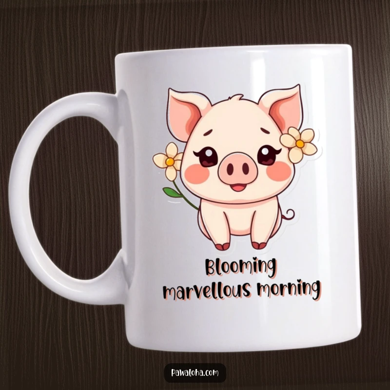 Funny Kawaii pig wearing a flower behind its ear, smiling contentedly on a coffee mug, perfect for animal lovers.