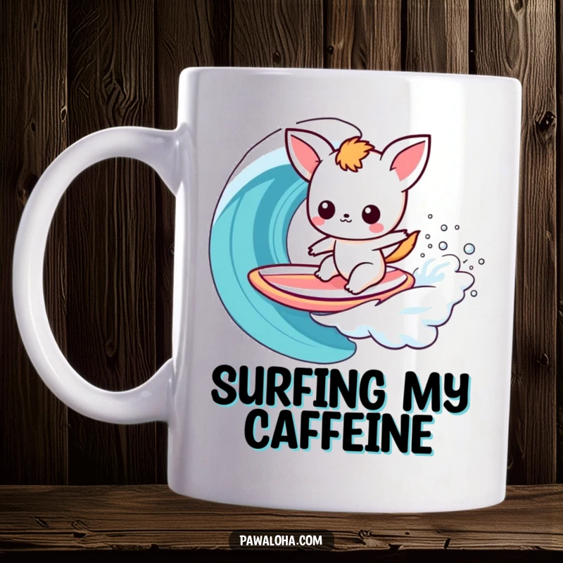 Funny Kawaii Surfer Animal Mug: Cute cartoon creature balancing on a surfboard, riding a vibrant rainbow wave with pure excitement and skill.