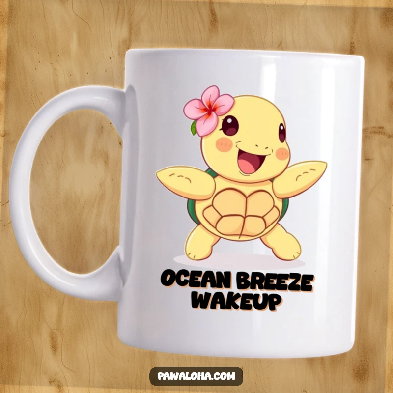 Funny mug featuring a happy sea turtle with a flower behind its ear, joyfully performing a hula dance.
