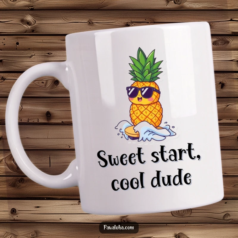 Funny mug featuring a small pineapple character wearing sunglasses, confidently riding a tiny wave with a cool demeanor.