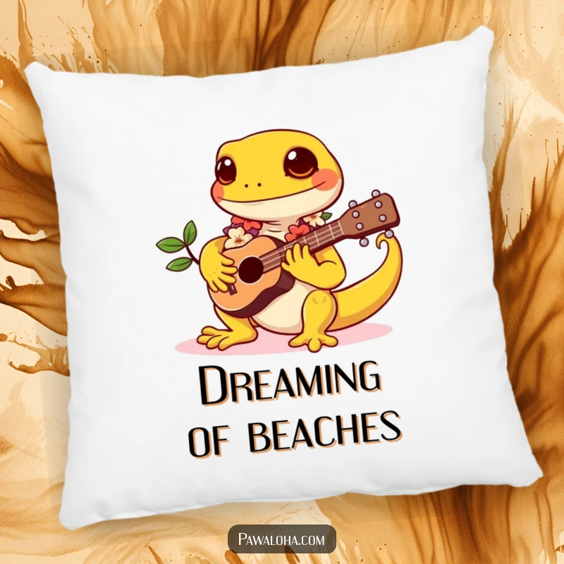 Funny pillow with a kawaii gecko wearing a lei, playing a tiny ukulele, designed for ultimate comfort and tropical vibes.