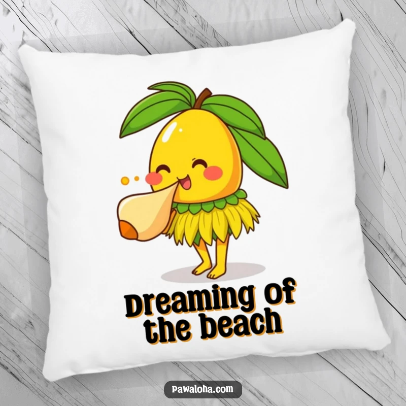 Funny cartoon mango character with grass skirt and conch shell, a comfy and funny pillow for tropical lovers.