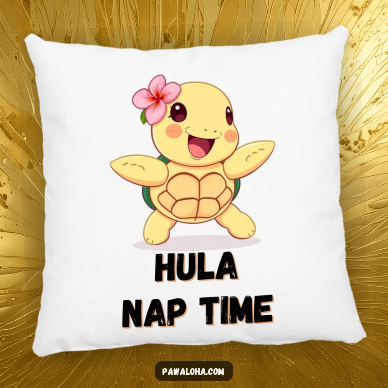 Funny pillow with a happy sea turtle wearing a flower, doing a hula dance, designed for ultimate comfort and tropical vibes.