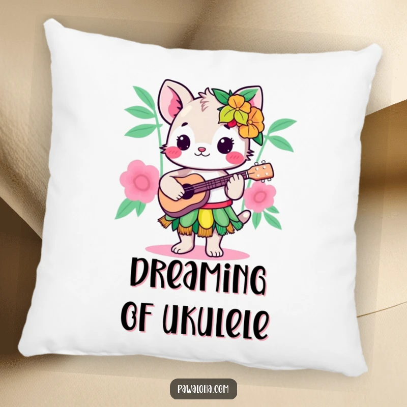 Funny Kawaii Hula Animal Pillow: A cute cartoon character in a hula skirt, happily playing a ukulele, offering soft comfort and humor.