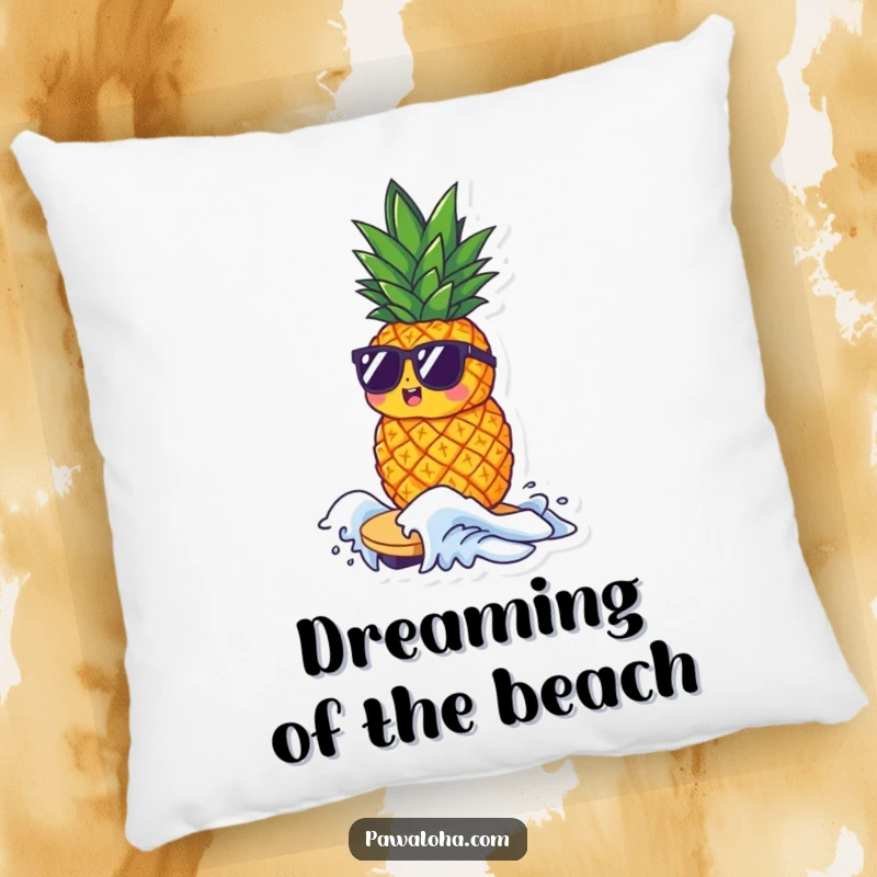 Funny pillow with a small pineapple character wearing sunglasses, riding a tiny wave, designed for ultimate comfort and cool vibes.