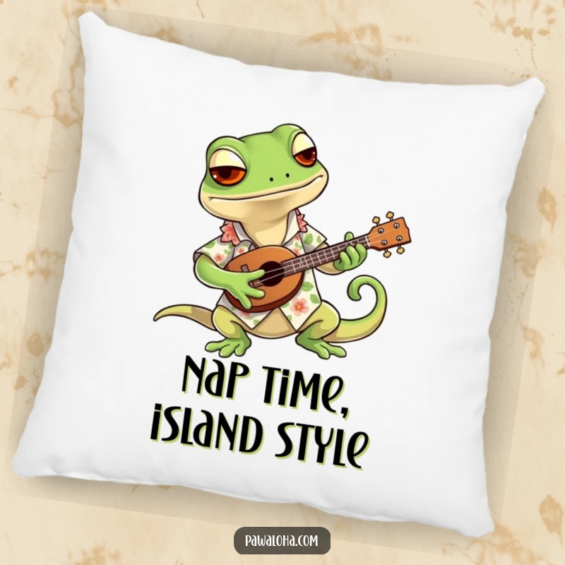 Funny pillow showcasing a cool gecko in a Hawaiian shirt, playing a tiny ukulele, designed for comfort and a humorous decorative touch.