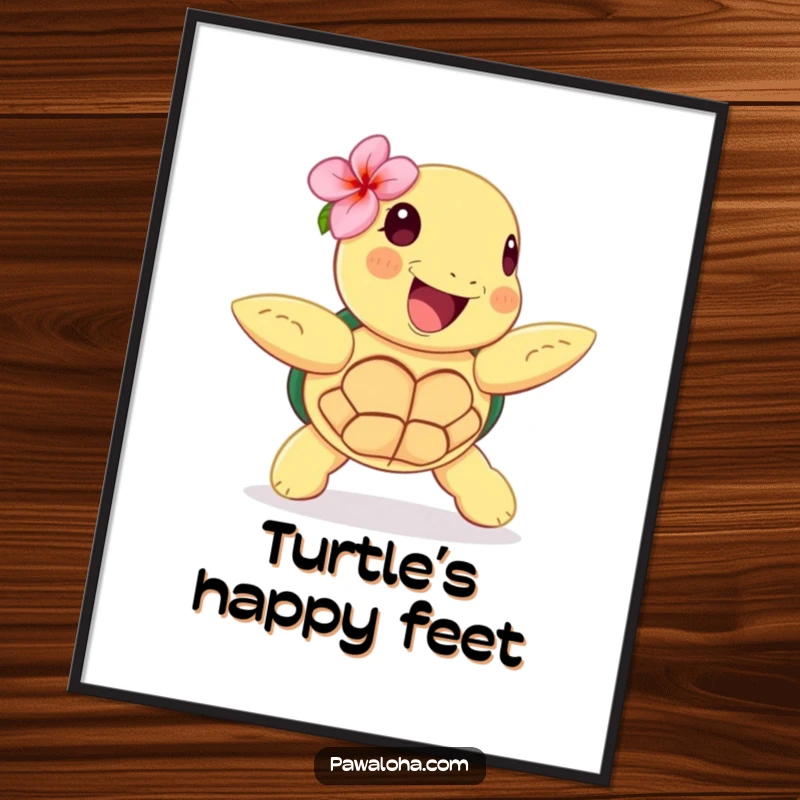 Funny digital art print of a happy sea turtle with a flower behind its ear, joyfully performing a hula dance.