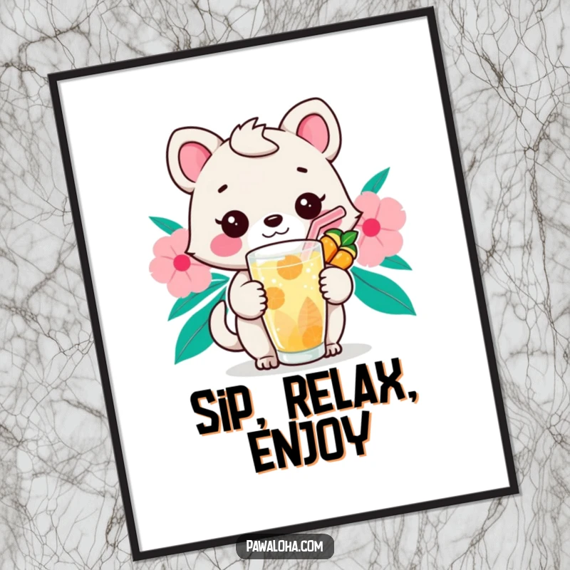 Funny Kawaii Sip Animal Digital Art Print: Cute cartoon character holding a tropical drink with a straw, ready for instant download.