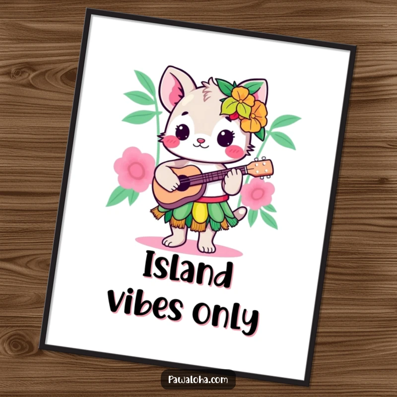 Funny Kawaii Hula Animal Digital Art Print: Hilarious cartoon character in a hula skirt, joyfully playing a ukulele, ready to be printed.