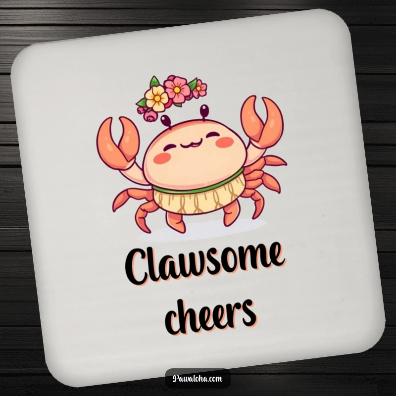 Funny Kawaii Crab Coaster: Cute crab doing a joyful hula dance with its claws, a funny drink coaster with beach flair.