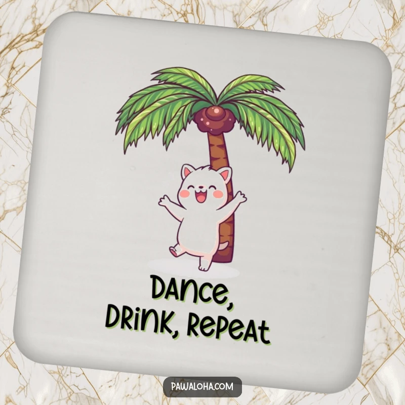 Funny Kawaii Dance Animal Drink Coaster: Adorable cartoon animal dancing under a palm tree, perfect for protecting surfaces with humor.
