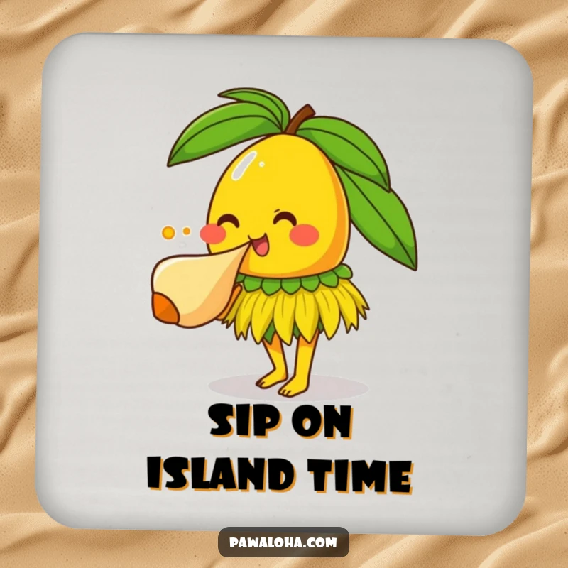 Funny mango character with grass skirt blowing conch shell, a set of funny tropical coasters for drink protection.