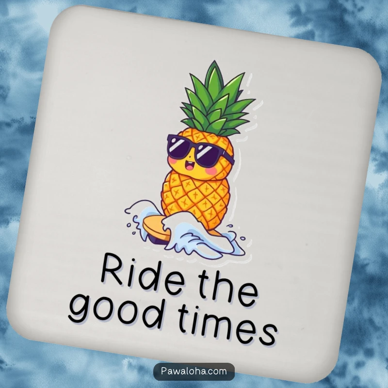 Funny drink coaster with a small pineapple character wearing sunglasses, riding a tiny wave, adding cool beach flair.
