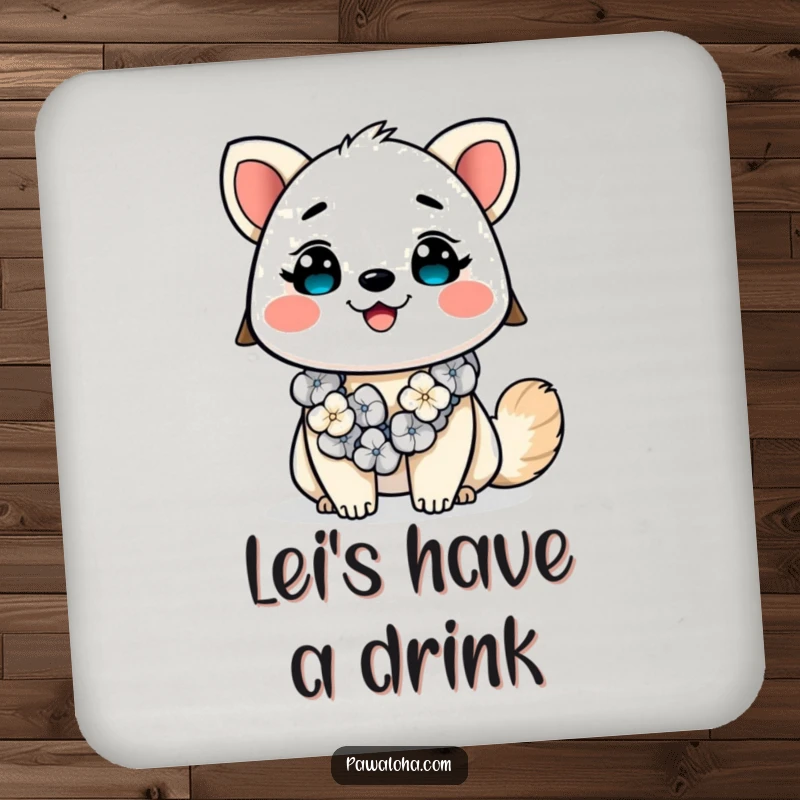 Funny Kawaii Aloha Animal Drink Coaster: Cute cartoon animal with a lei, smiling brightly, perfect for protecting surfaces with tropical flair.