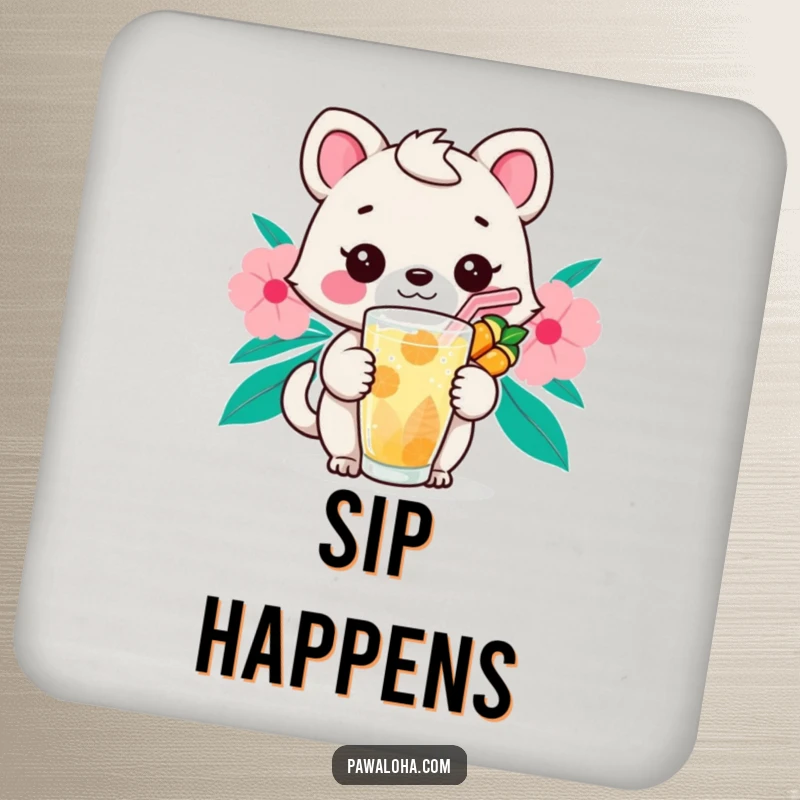 Funny Kawaii Sip Animal Drink Coaster: Adorable cartoon animal with a tropical drink and straw, perfect for protecting surfaces with humor.