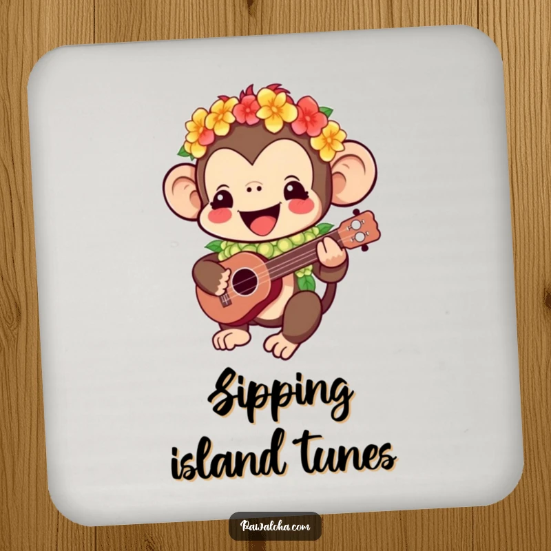 Funny Kawaii monkey drink coaster showcasing a happy character playing a ukulele, offering humorous protection for surfaces.