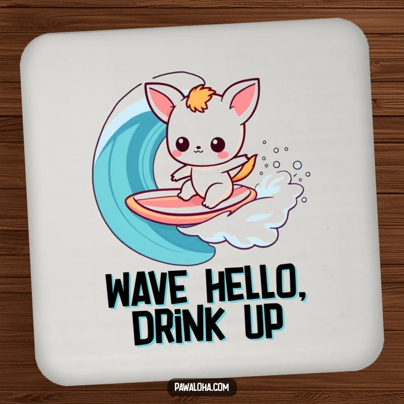 Funny Kawaii Surfer Animal Drink Coaster: Adorable cartoon animal on a surfboard, riding a rainbow wave, perfect for protecting surfaces.