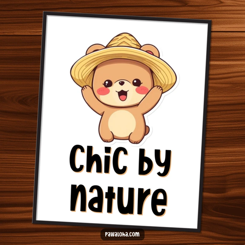 Funny poster art of a delighted bear character happily trying on a straw hat, conveying pure joy and relaxation.