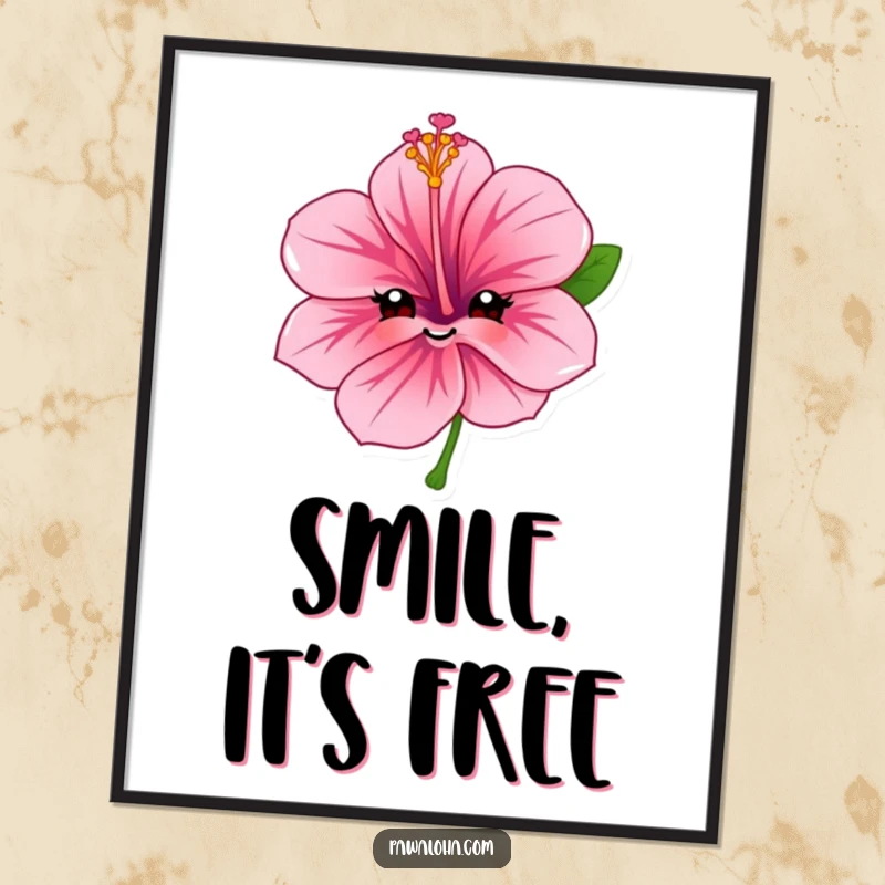 Funny hibiscus flower poster showcasing a character with a sweet, friendly smile, adding cheerful wall art to any space.