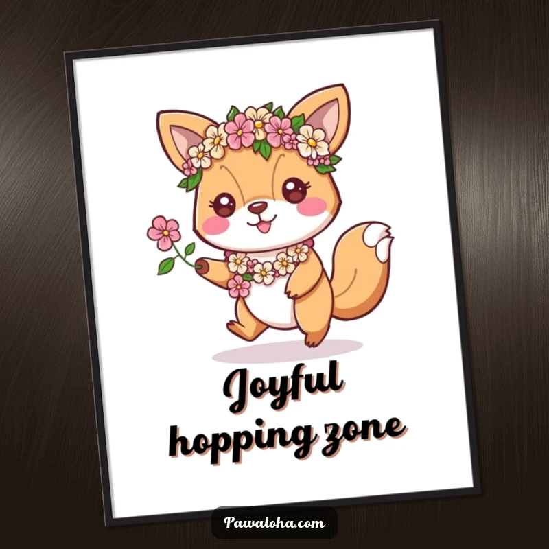 Funny Poster: An animal character adorned with floral leis is shown hopping enthusiastically in place, a humorous depiction of joy.
