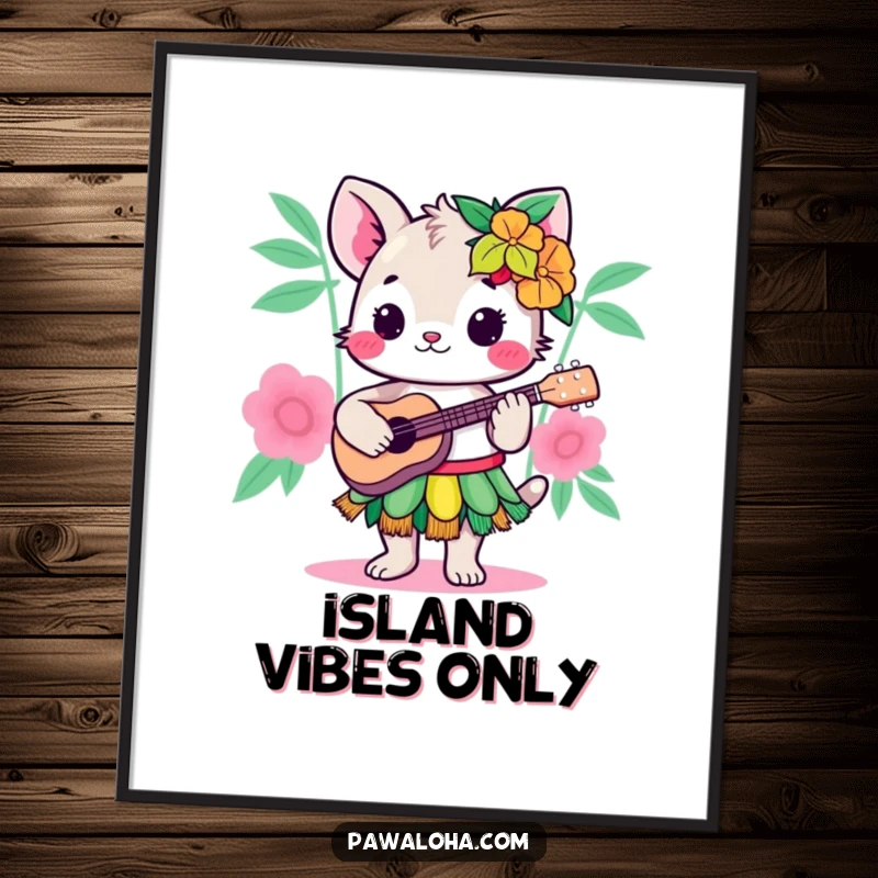 Funny Kawaii Hula Animal Poster: Whimsical cartoon creature in a grass skirt, playing a ukulele, bringing tropical fun and laughter to any wall.