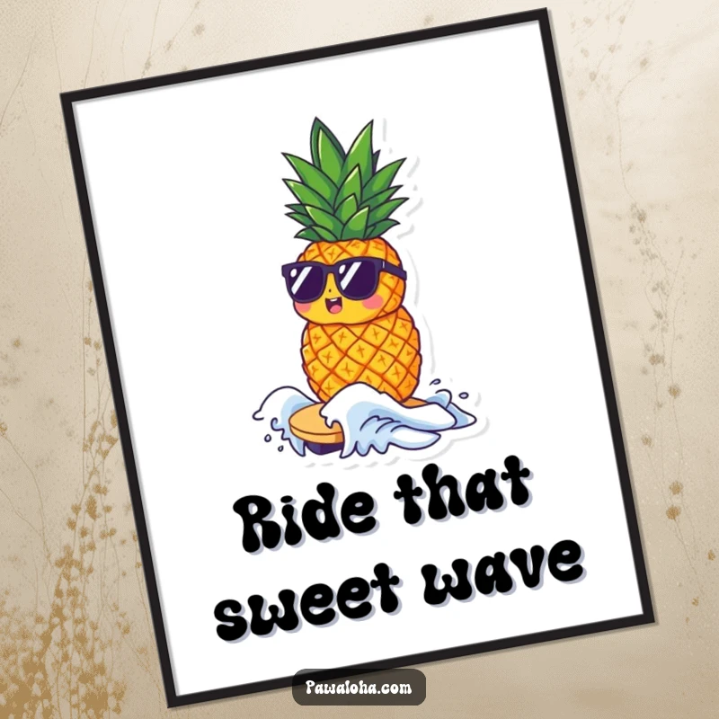 Funny poster art of a small pineapple character wearing sunglasses, confidently riding a tiny wave with a cool demeanor.