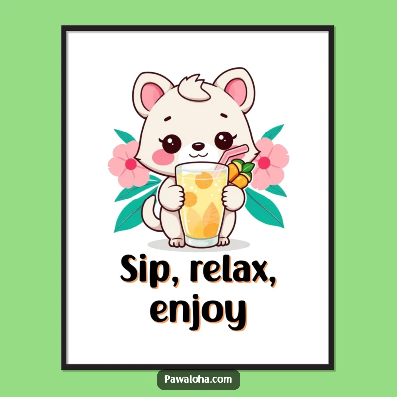 Funny Kawaii Sip Animal Poster: Decorate with Tropical Drinks and Relaxed Humor