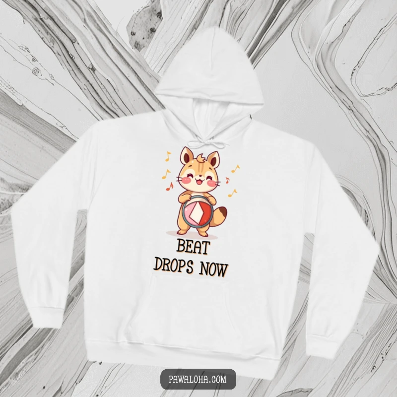 Funny Hoodie: An animal character plays a festive drum with joyful rhythm, offering warmth and energetic humor.