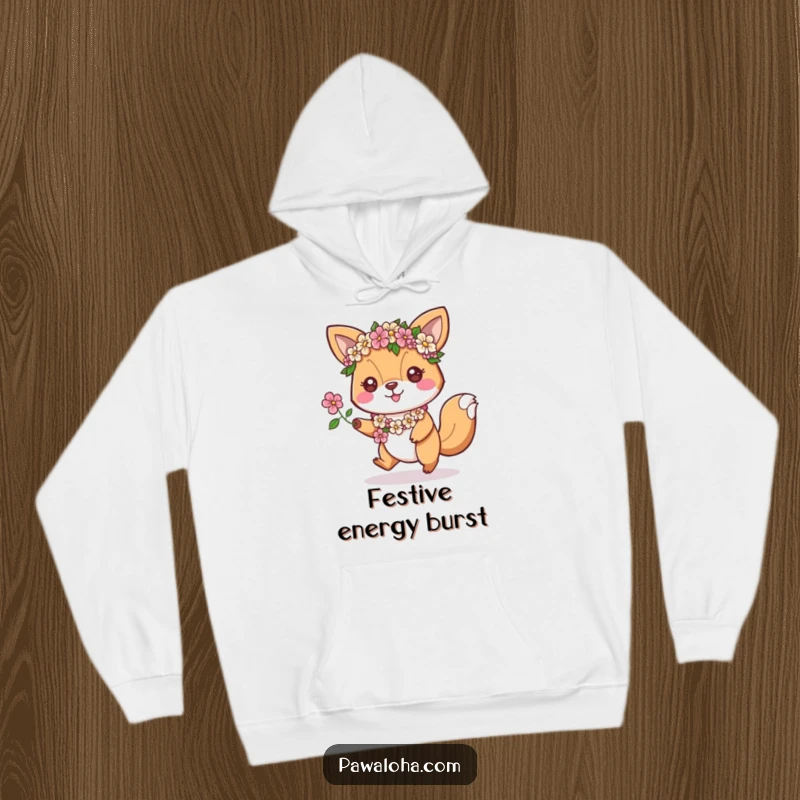 Funny Hoodie: An animal character wearing floral leis hops enthusiastically, offering warmth and energetic humor.