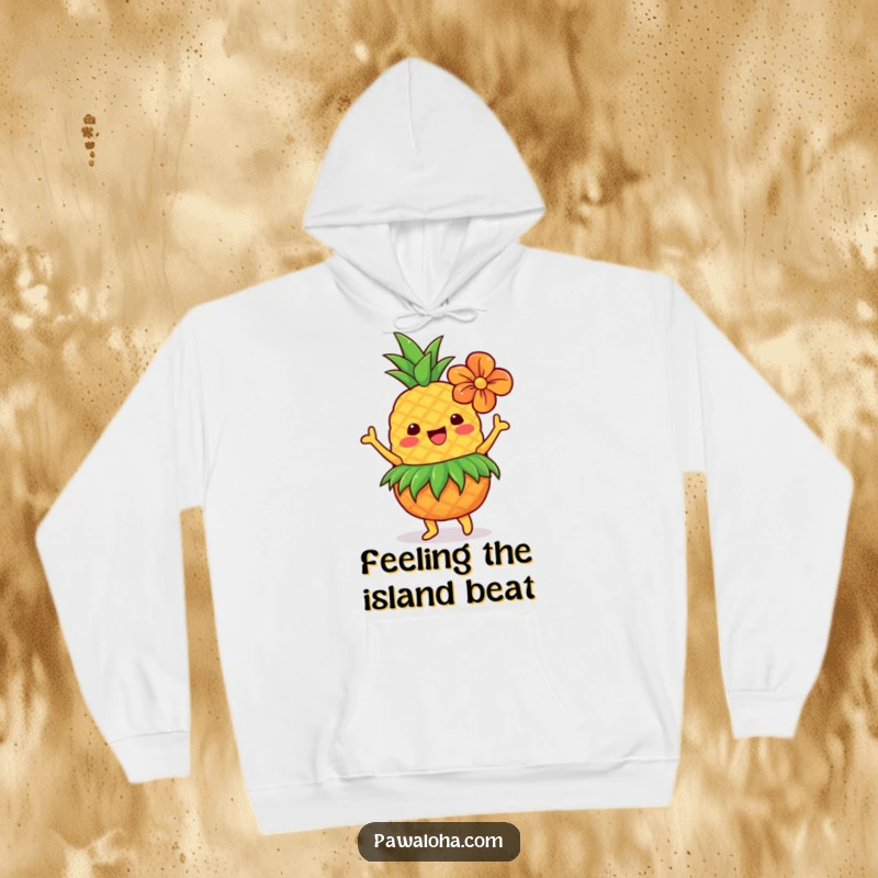 Funny Hawaiian pineapple in grass skirt and flower, dancing energetically on a warm hoodie, perfect for tropical fun.