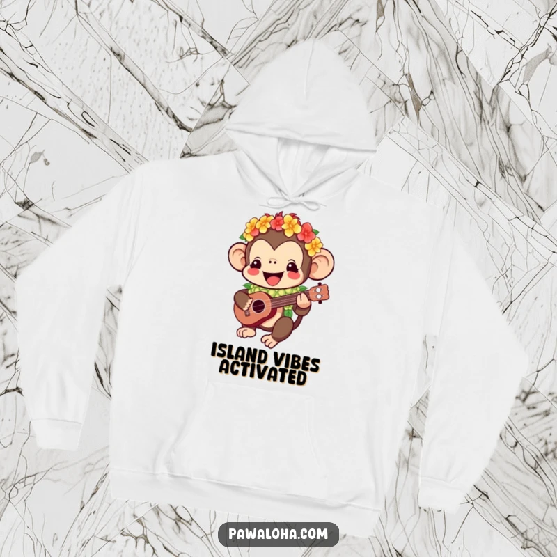 Funny Kawaii monkey hoodie featuring a happy character with a lei playing a ukulele, offering comfort and a humorous tropical escape.