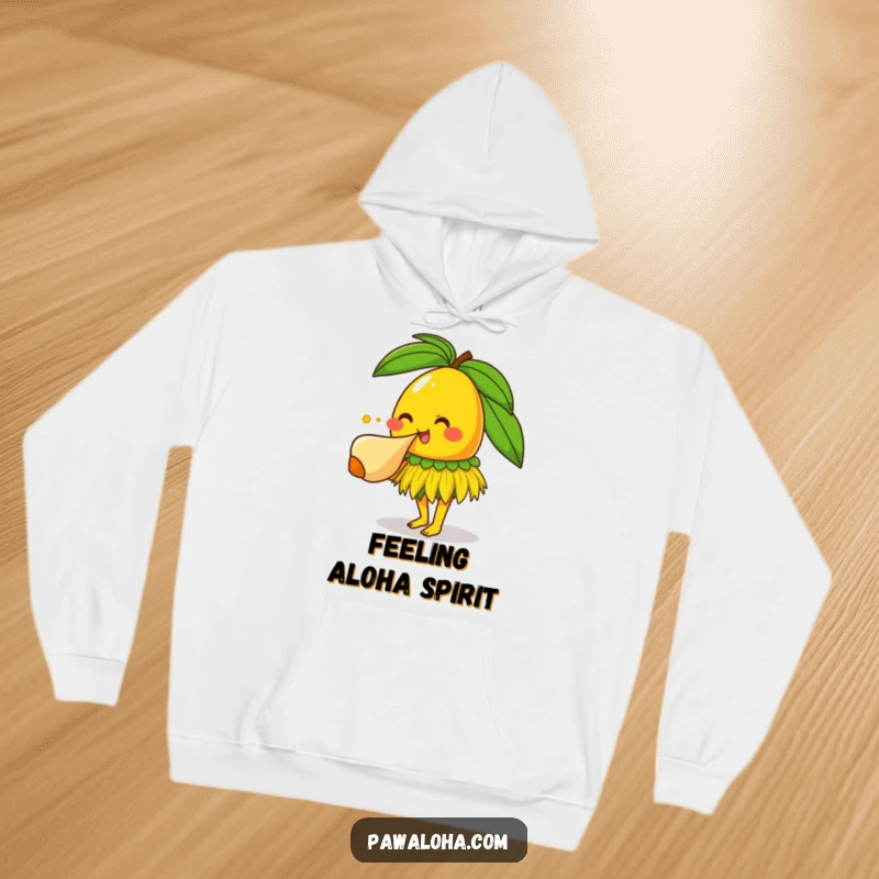 Funny mango character with grass skirt blowing conch shell, offering cozy comfort and tropical humor on a hoodie.