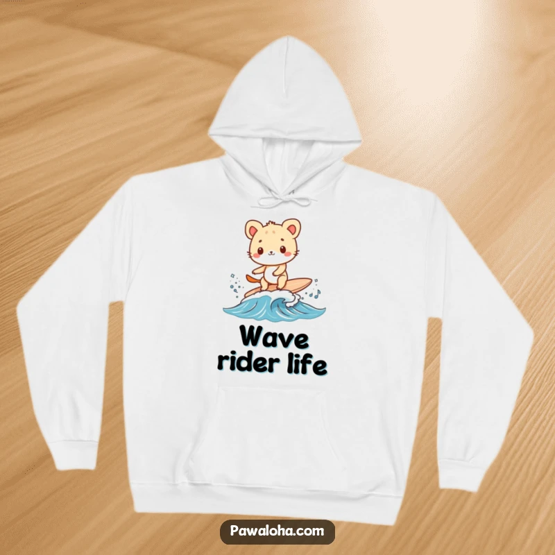 Funny animal character surfs a small wave on a tiny surfboard, featured on a warm hoodie. Perfect for beach lovers.