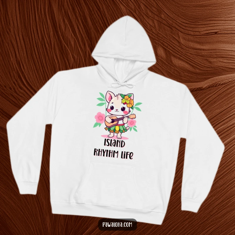 Funny Kawaii Hula Animal Hoodie: A cute cartoon character in a hula skirt, strumming a ukulele with a happy, musical expression.