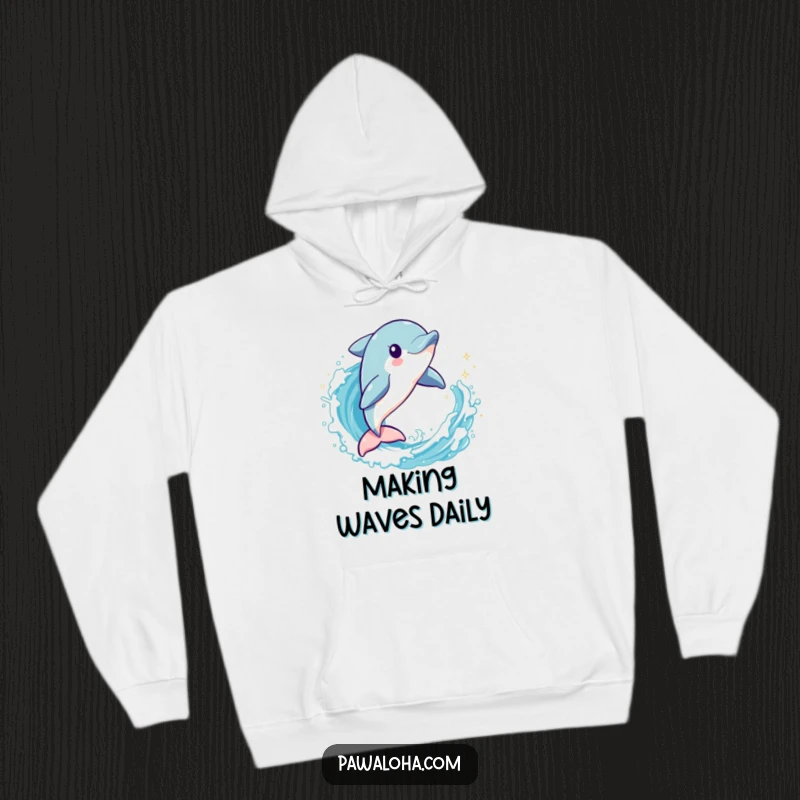 Funny dolphin character leaping through a sparkling wave on a cozy hoodie, bringing comfort and aquatic charm.