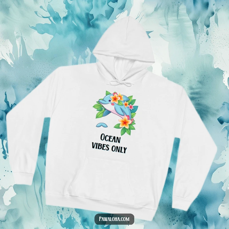 A playful dolphin covered in tropical flowers, leaping on a warm and cozy hoodie.